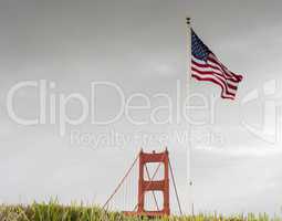 Golden Gate Bridge with American flag