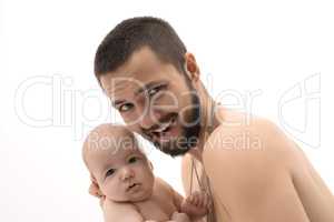 Father and newborn baby on white background.