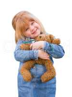 Cute Little Girl Holding Her Teddy Bear On White