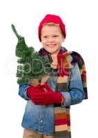 Boy Wearing Mittens and Scarf Holding Christmas Tree On White
