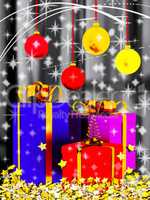 Christmas motive with parcels and glass balls, 3d illustration