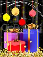 Christmas motive with parcels and glass balls, 3d illustration