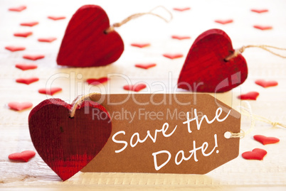 Label With Many Red Heart, Text Save The Date