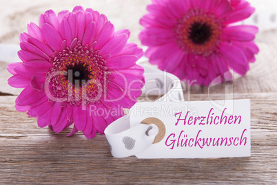 Pink Spring Gerbera, Label, Herzlichen Glueckwunsch Means Congratulations