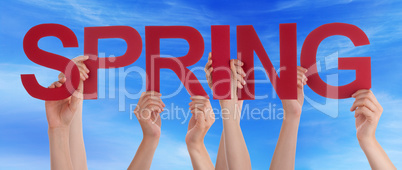 Many People Hands Holding Red Straight Word Spring Blue Sky