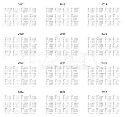 Year 2017 to 2028 calendar