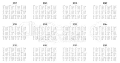 Year 2017 to 2028 calendar