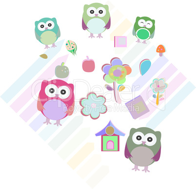 set of colorful owls with different expressions,
