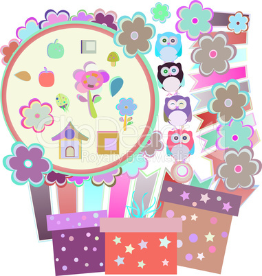 Background with owl, flowers, birds and gift boxes,