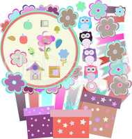 Background with owl, flowers, birds and gift boxes,