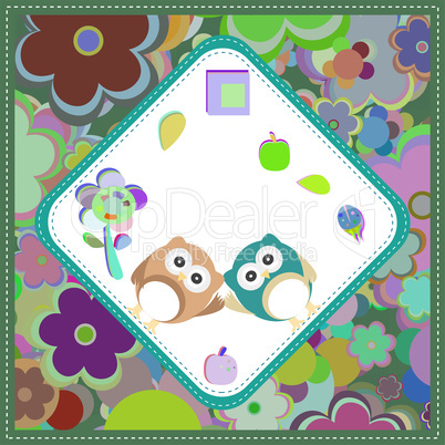 Cute baby boy owlet against the background of flowers and hearts