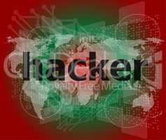 Privacy concept: words Hacker on digital background