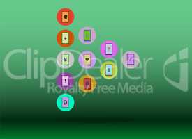 Social media network. Connected symbols for interactive, market, digital, communicate, connect, global concepts. Background with circles, lines and integrate flat icons.