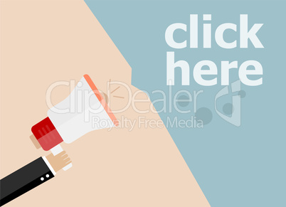 flat design business illustration concept. Clicj here digital marketing business man holding megaphone for website and promotion banners.