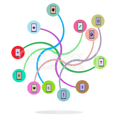 Social media network. Connected symbols for interactive, market, digital, communicate, connect, global concepts. Background with circles, lines and integrate flat icons