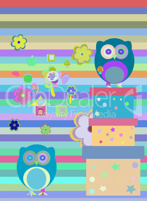 Background with flower, owls and gift boxes