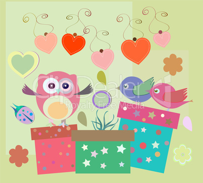 birthday party elements with cute owls, birds, hearts and flowers
