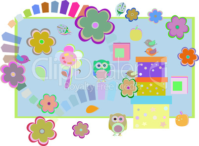 happy owl bird family with decorative floral frame and gift boxes