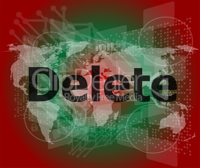 The word delete on digital screen, information technology concept