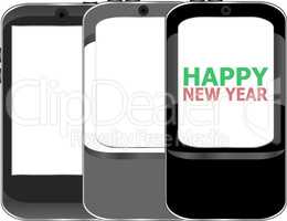 Smart phone with Happy New Year greetings on the screen, holiday card