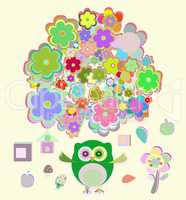cute owl with many flowers