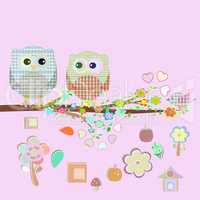 Valentine boy and girl owls sat on a tree branch