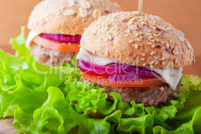 Cheeseburger with tomato, onion and green salad