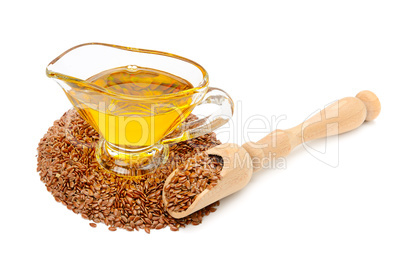 flax seeds and oil isolated on white background