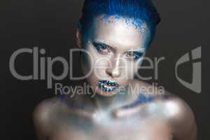 Art Makeup with Blue Hair and Rhinestones