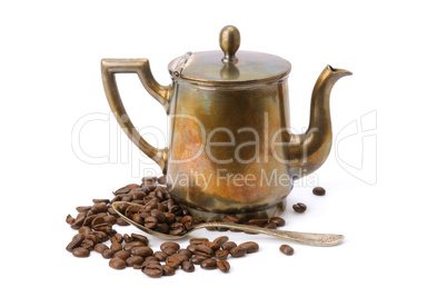 old coffee pot, spoon and coffee beans isolated on white backgro