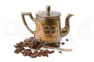 old coffee pot, spoon and coffee beans isolated on white backgro