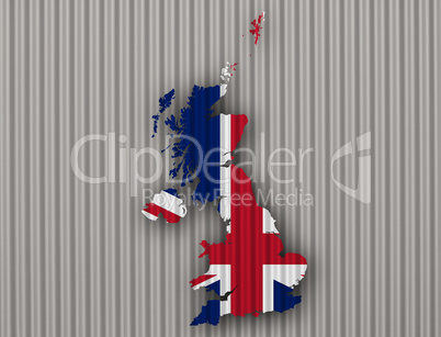Karte und Fahne von Großbritannien auf Wellblech,