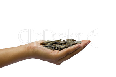Hands and coins, isolated on white background