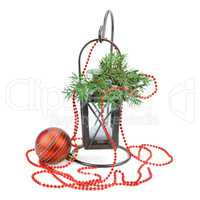Christmas decorations and lantern isolated on white background