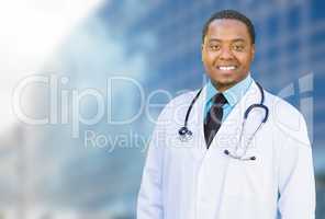 African American Male Doctor Outside of Hospital Building