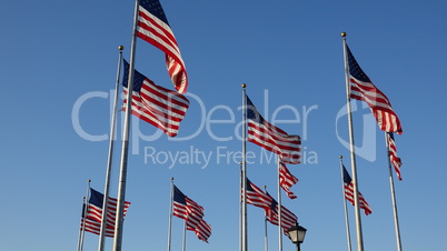 American Flags Waving On Flagpoles