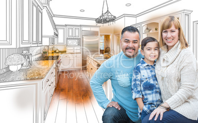 Young Mixed Race Family Over Kitchen Drawing with Photo Combinat