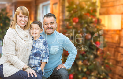 Young Mixed Race Family In Front of Christmas Tree