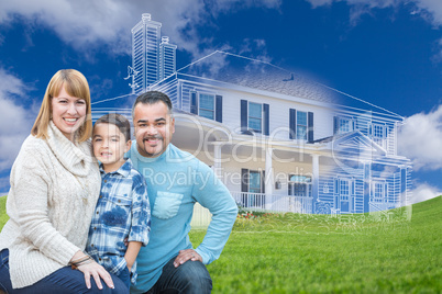 Young Mixed Race Family and Ghosted House Drawing on Grass
