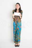Southeast Asian girl hand holding a white paper card