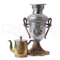 old samovar and teapot isolated on white background