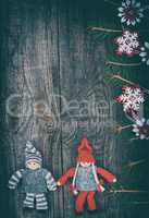 Christmas wooden background with Christmas toys and decorations