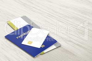 Passport, bank card and boarding pass