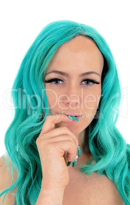 Headshot of woman with blue hair.