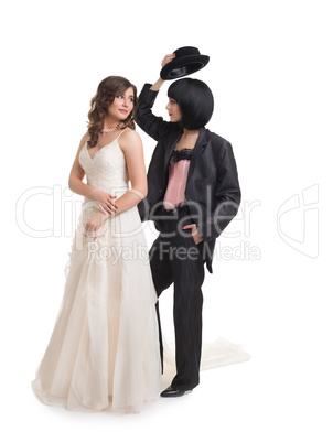 Wedding shoot of  female gay couple, isolated on white