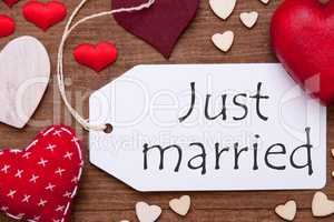 Label, Red Hearts, Flat Lay, Text Just Married
