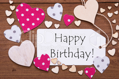 Label, Pink Hearts, Text Happy Birthday