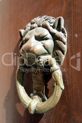 Knocker with a head of lion on a door.