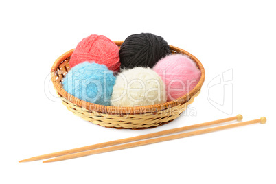 skeins of yarn and knitting needles isolated on a white backgrou