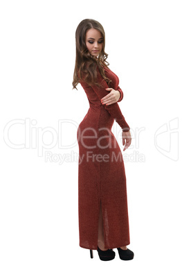 Woman wearing maxi dress isolated on white
